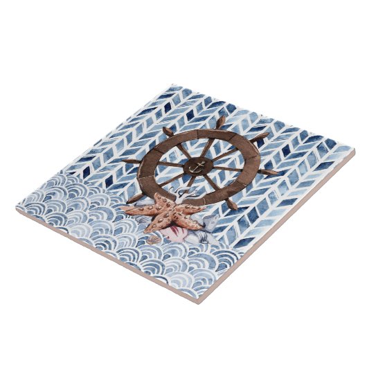 Schip stuurwiel, zeester, nautisch patroon tegeltje (Zijkant)