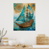Schip tinten van blauwe poster (Keuken)