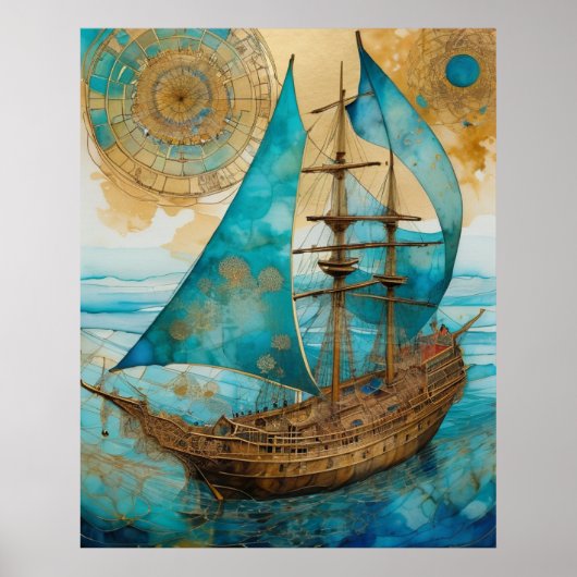 Schip tinten van blauwe poster (Voorkant)