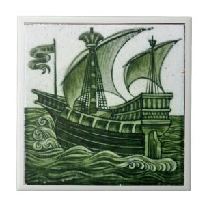 Schip van William * De Morgan Green Eggshell   Tegeltje