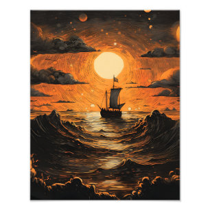 Schip varen in de nacht foto afdruk