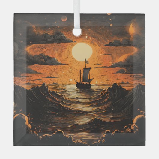 Schip varen in de nacht glas ornament (Voorkant)