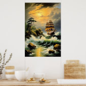 Schip worstelt door golvende Zeeen Poster (Keuken)