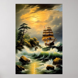 Schip worstelt door golvende Zeeen Poster