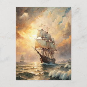 Schip Zeilende Oceaangolven Zonsondergang Zeevaart Briefkaart