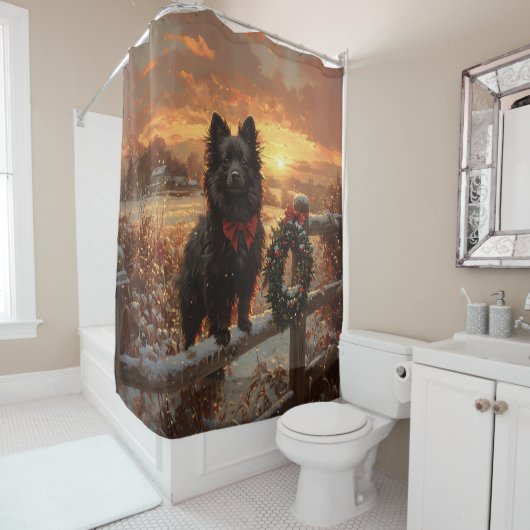 Schipperke Dog Rustic Winter Sunset Douchegordijn (In situ)