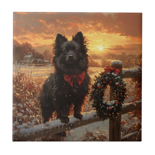 Schipperke Dog Rustic Winter Sunset Tegeltje (Voorkant)
