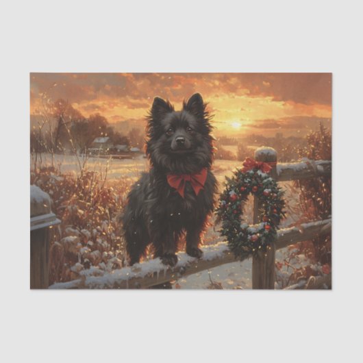Schipperke Hond Rustieke Winter Decoupage Tissuepapier (Voorkant)