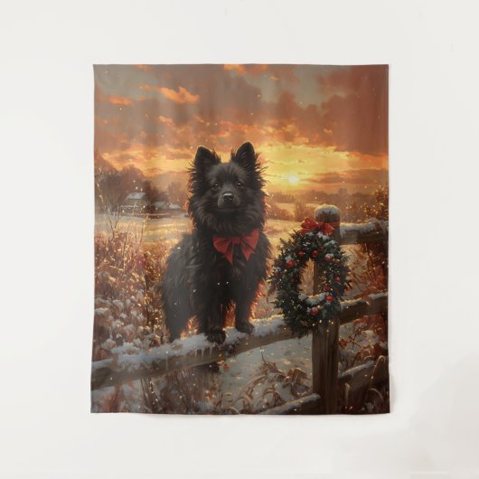 Schipperke Hond Rustieke Winter Zonsondergang Wandkleed (Voorkant)