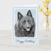 Schipperke Painting - Cute Original Dog Art Kaart (Gele Bloem)