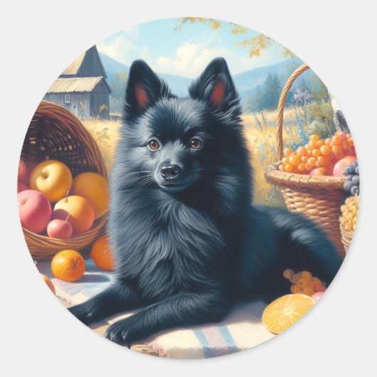 Schipperke Puppy Schilderij Ronde Sticker (Voorkant)