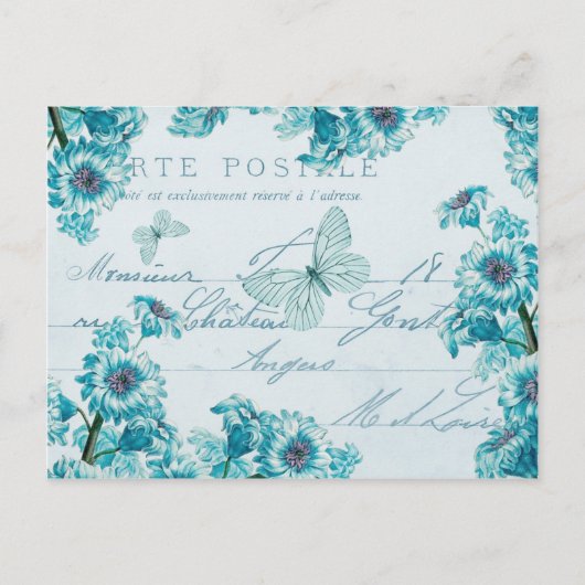 Schitterend blauw  briefkaart met bloemen (Voorkant)