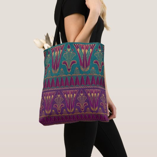 Schitterend egyptisch patroon paars groen en sjaal tote bag (Dichtbij)