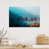 Schitterend licht op nevelig herfstbos poster (Keuken)