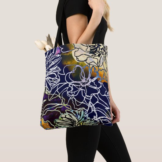 Schitterend Paars, wit, blauw geel bloemontwerp Tote Bag (Dichtbij)