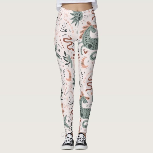 Schitterend patroon in roze en groene maan leggings (Voorkant)