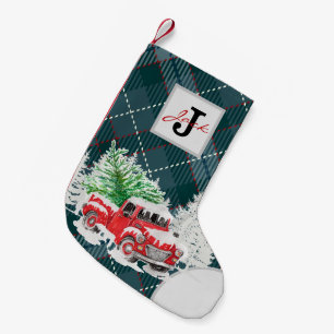 Schitterend patroon, monogramed truck blauw kleine kerstsok