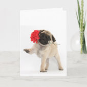 Schitterend Pug Puppy met Rode Anjer Feestdagen Kaart (Voorkant)