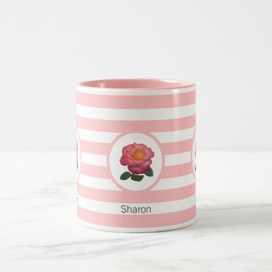 Schitterend Roos op roze en witte streep Tweekleurige Koffiemok (Center)