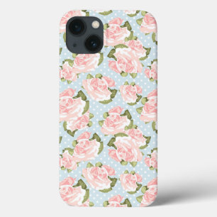 Schitterend roos patroon met blauwe stippen iPhone 13 hoesje