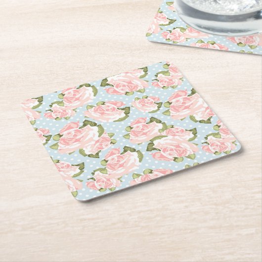 Schitterend roos patroon met blauwe stippen kartonnen onderzetters (Schuin)