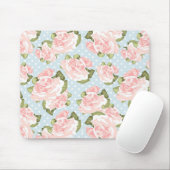Schitterend roos patroon met blauwe stippen muismat (Met muis)