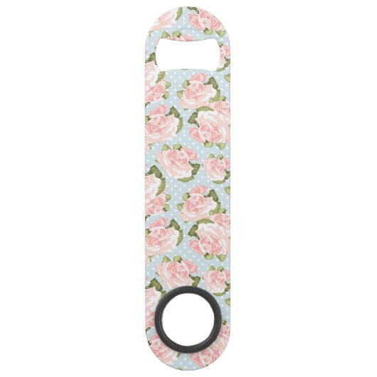 Schitterend roos patroon met blauwe stippen speed flessenopener (Voorkant)