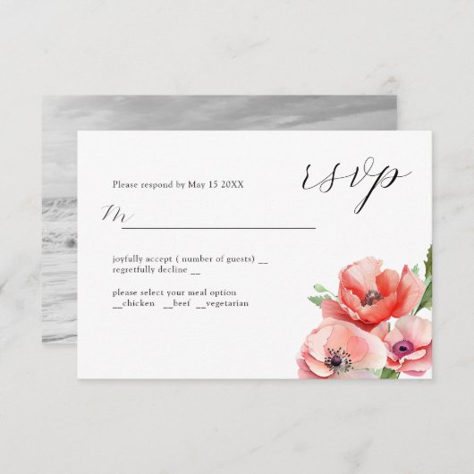 Schitterend roze en rood papaver ontwerp RSVP kaartje (Voorkant / Achterkant)