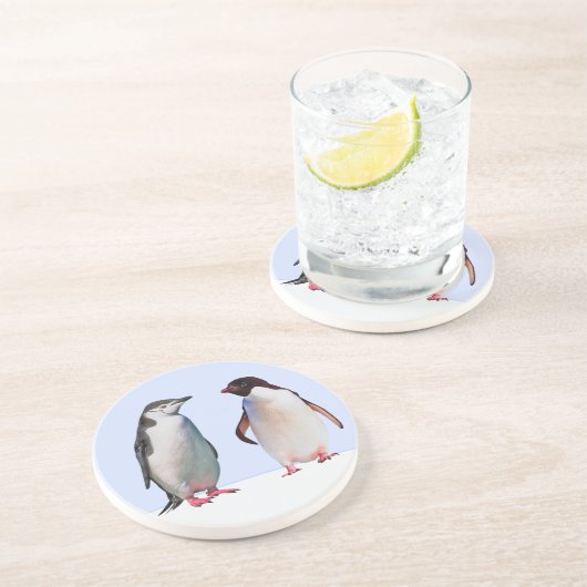 Schitterend vogelpaar van Penguin op Light Blue Zandsteen Onderzetter (Zijkant)