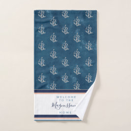 Schitterend waterverf koraal op batik blauw gebrui handdoek