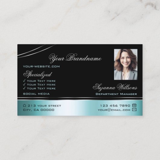 Schitterend zwart Blauwgroen gebogen lijnen monogr Visitekaartje (Achterkant)