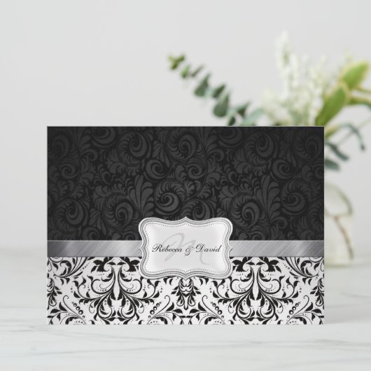 Schitterend zwart-wit Damask-repeater Dinner Kaart (Staand voorkant)