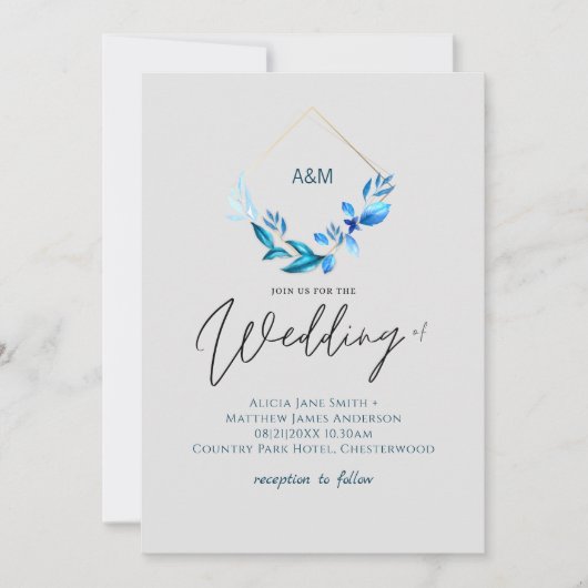 Schitterende Blauwe Bladeren Goud Grijs Bruiloft (Voorkant)