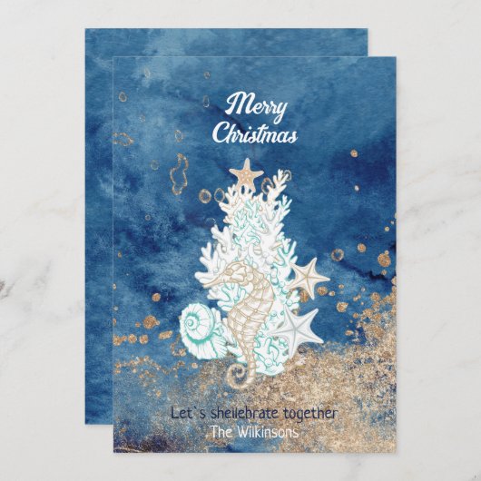 Schitterende blauwe zandkleur, aangepaste kerstmis feestdagenkaart (Voorkant / Achterkant)