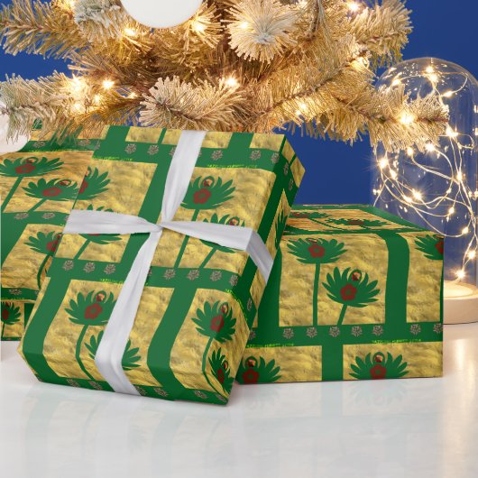 Schitterende bloemstijl groen cadeaupapier (Feestdagen)