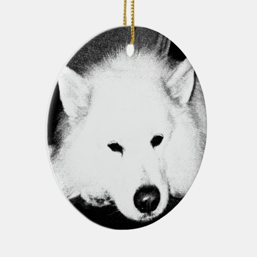 Schitterende drijfmest Witte hond Keramisch Ornament (Rechts)