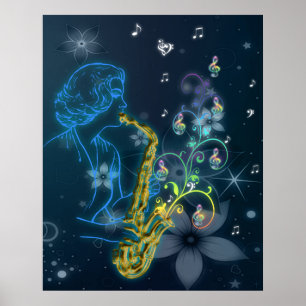 Schitterende en coole reuzenblauwe dame die muziek poster