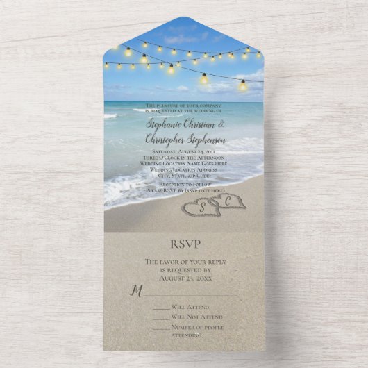 Schitterende harten in het zand strand huwelijksli all in one uitnodiging (Binnen)