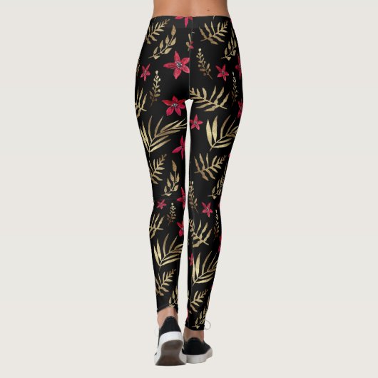 Schitterende rode bloemen gouden glanzende bladere leggings (Achterkant)