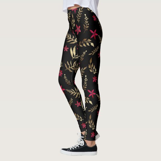 Schitterende rode bloemen gouden glanzende bladere leggings (Links)