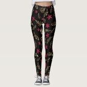 Schitterende rode bloemen gouden glanzende bladere leggings (Voorkant)