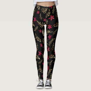 Schitterende rode bloemen gouden glanzende bladere leggings