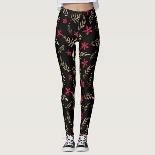 Schitterende rode bloemen gouden glanzende bladere leggings (Voorkant)