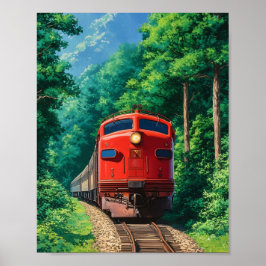 Schitterende rode locomotief trein bergwoud poster