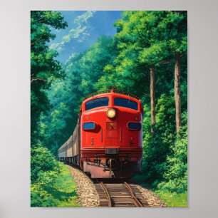 Schitterende rode locomotief trein bergwoud poster