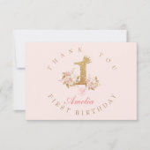 Schitterende Roze Gouden Kroon Prinses 1e Verjaard Bedankkaart (Voorkant)