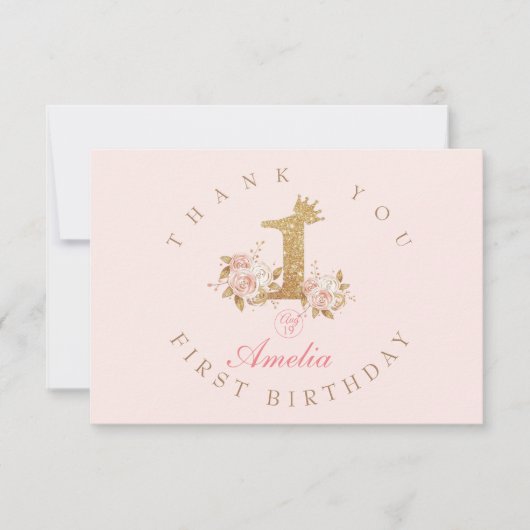 Schitterende Roze Gouden Kroon Prinses 1e Verjaard Bedankkaart (Voorkant)