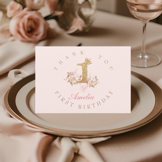 Schitterende Roze Gouden Kroon Prinses 1e Verjaard Bedankkaart