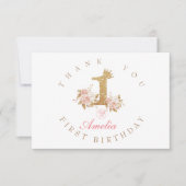 Schitterende Roze Gouden Kroon Prinses 1e Verjaard Bedankkaart (Voorkant)