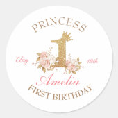Schitterende Roze Gouden Kroon Prinses 1e Verjaard Ronde Sticker (Voorkant)